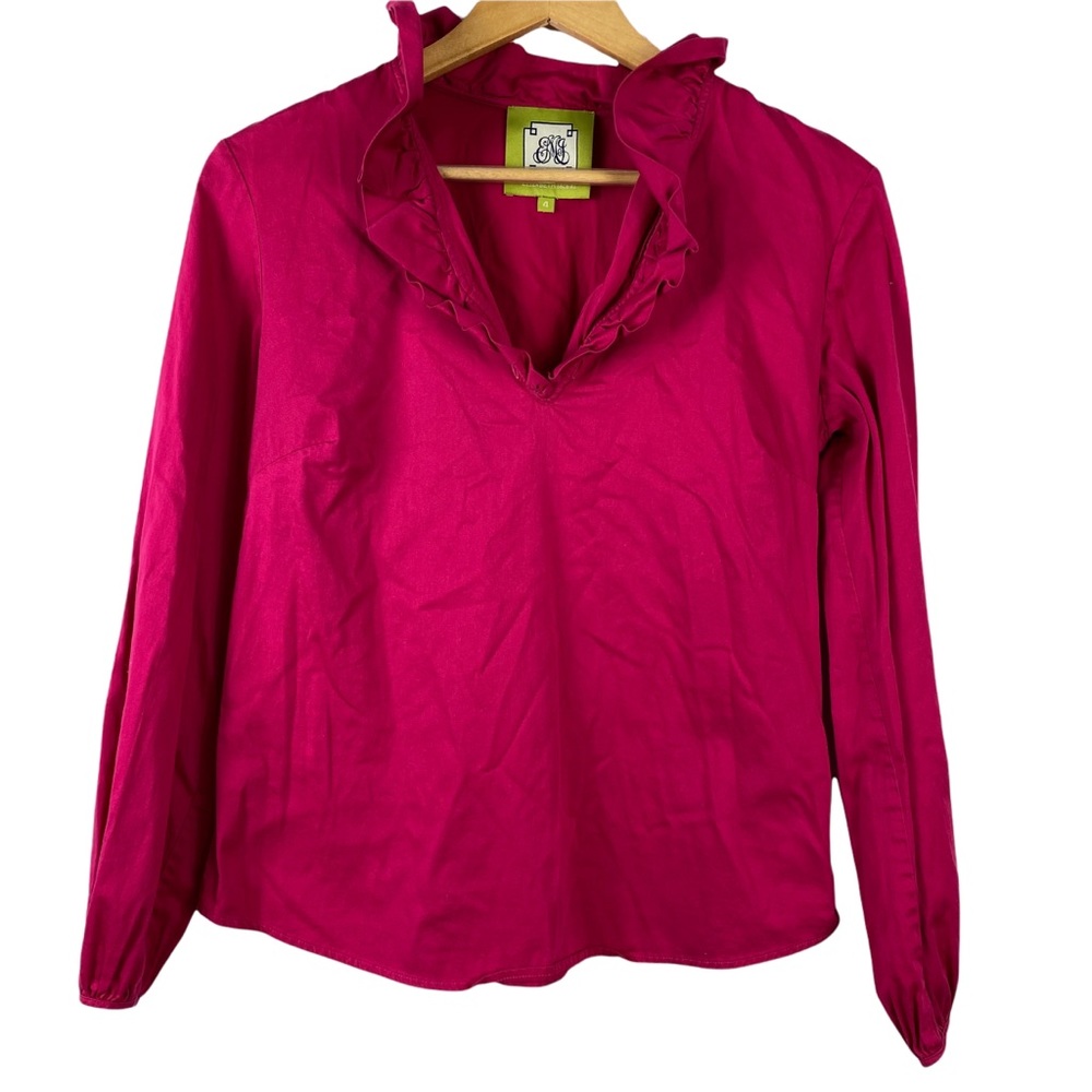 Elizabeth MckAy Cute Red Blouse Ruffle VNeck Office Career Long Sleeve Size 4